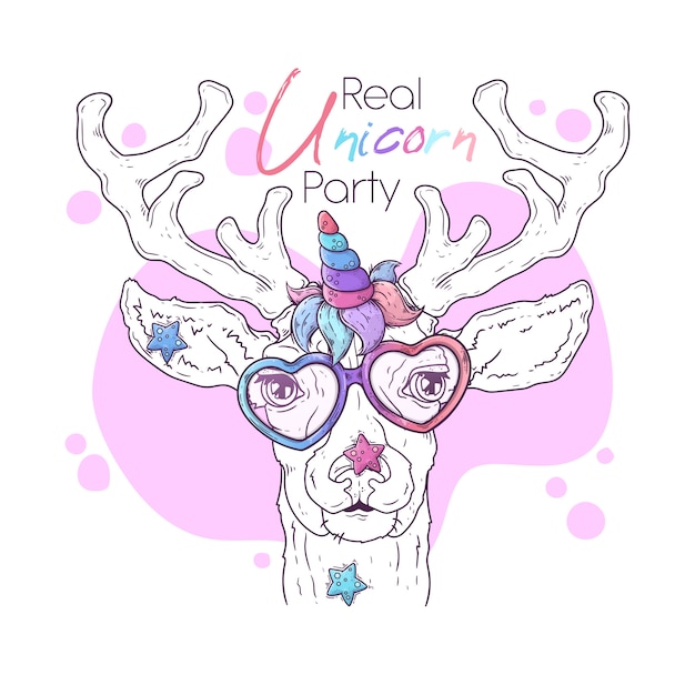 Hand drawn illustration of the cute deer with a magic unicorn horn