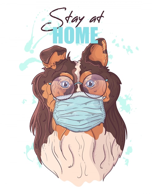 Hand drawn illustration of the cute dog in a medical mask 