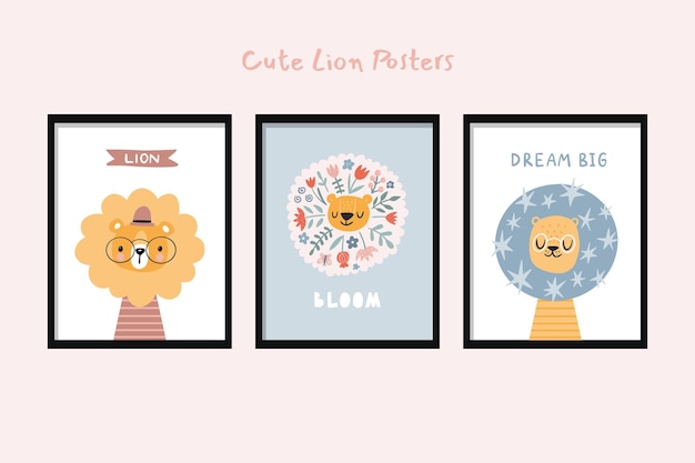 Hand drawn illustration of a cute funny lion face