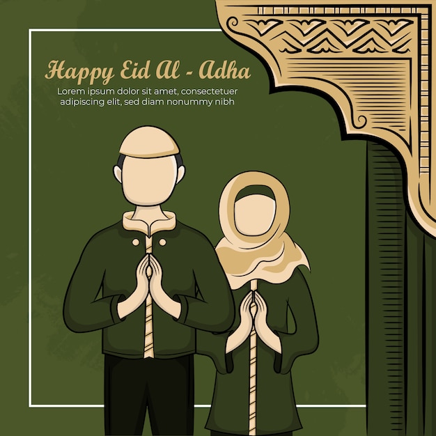 Illustrazione disegnata a mano di eid al adha o dei giorni di qurban che accolgono concetto su fondo verde.