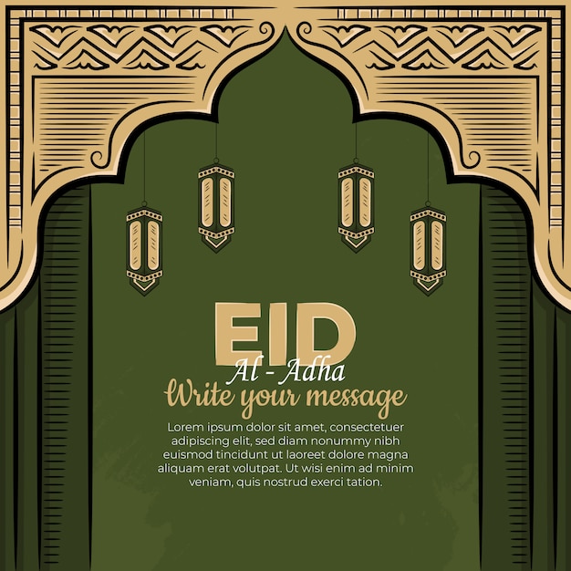 Hand drawn illustration of Eid al adha or Qurban days greeting concept on green background.