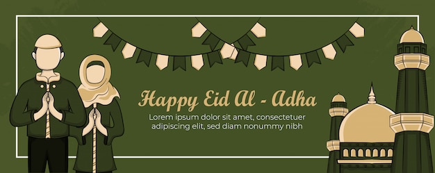 Hand drawn illustration of Eid al adha or Qurban days greeting concept on green background.