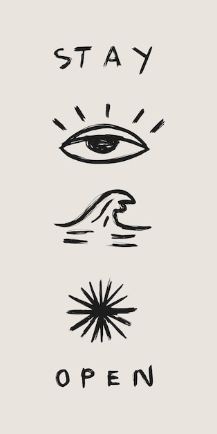 Hand drawn illustration of eye beach and sun with the inscription stay open