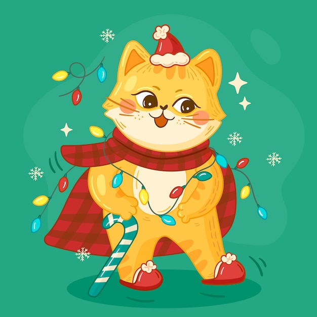 猫とライトのクリスマス シーズンのお祝いの手描きイラスト