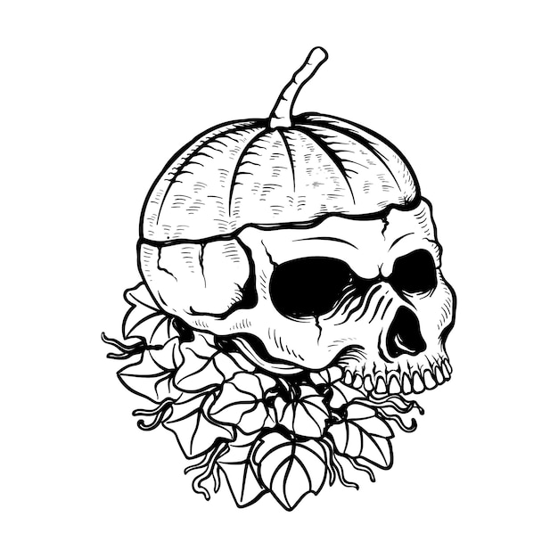 Hand drawn illustration of Halloween pumpkin skull