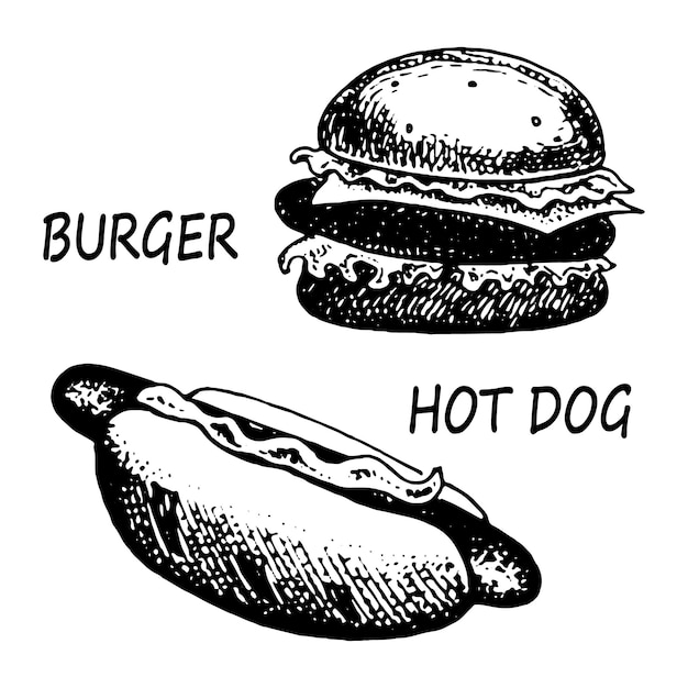 Hand drawn illustration of hamburger and hotdog Set fast food