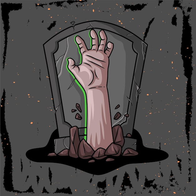 Illustrazione disegnata a mano di un personaggio a mano che esce dalla tomba per helloween a