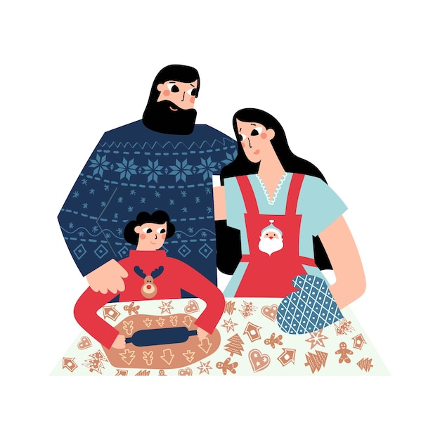 Illustrazione disegnata a mano di una famiglia felice a natale e capodanno che cuociono i biscotti di natale per i regali