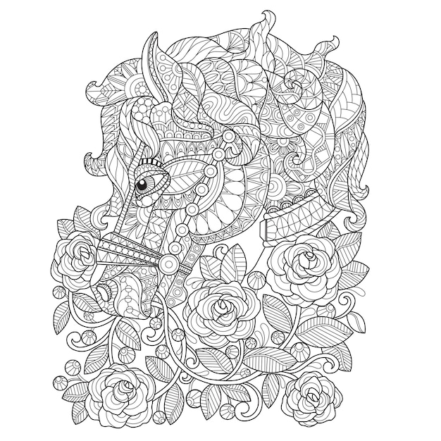 Hand drawn illustration of horse and rose