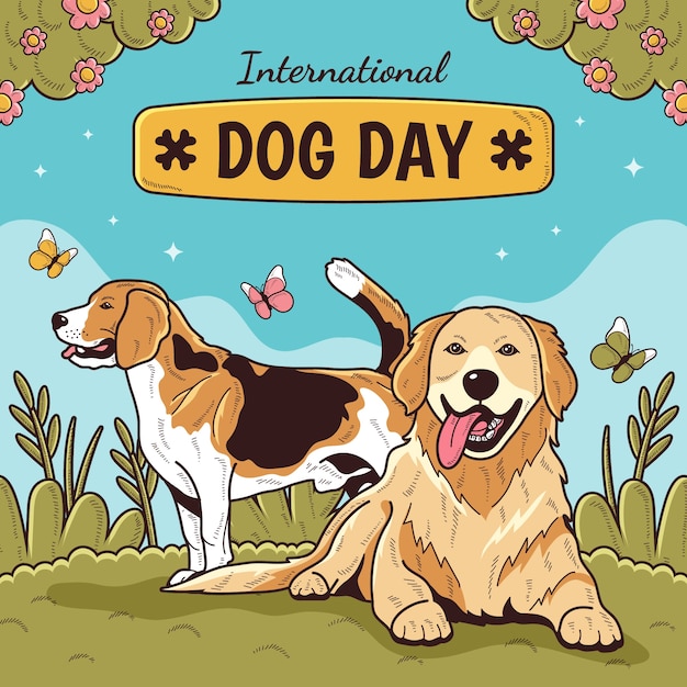 Vector hand drawn illustration for international dog day celebration