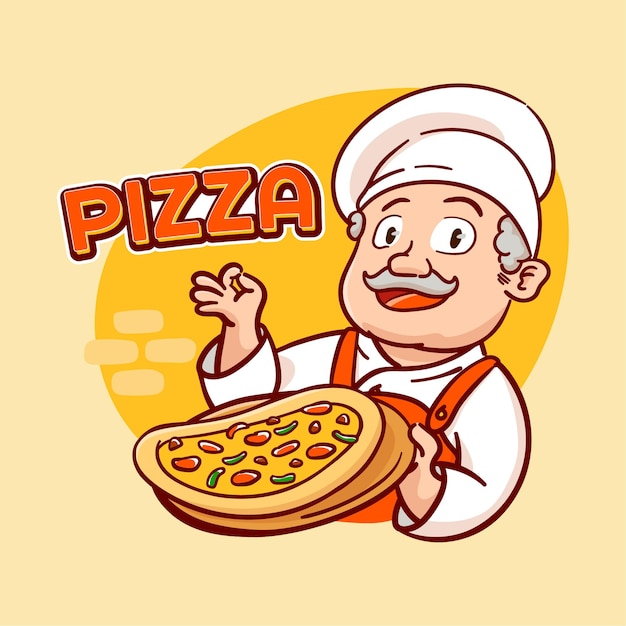 Hand drawn illustration of Italian pan pizza with the chef