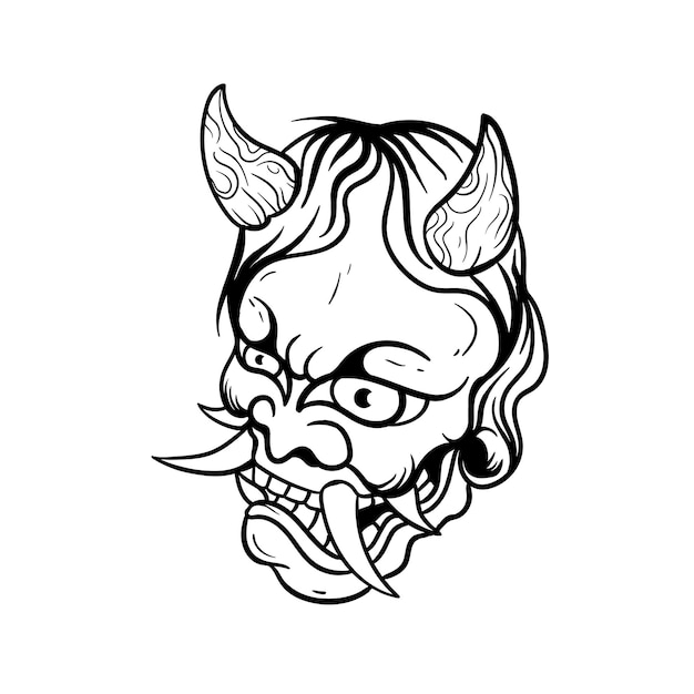 Vector hand drawn illustration of japanese oni mask outline