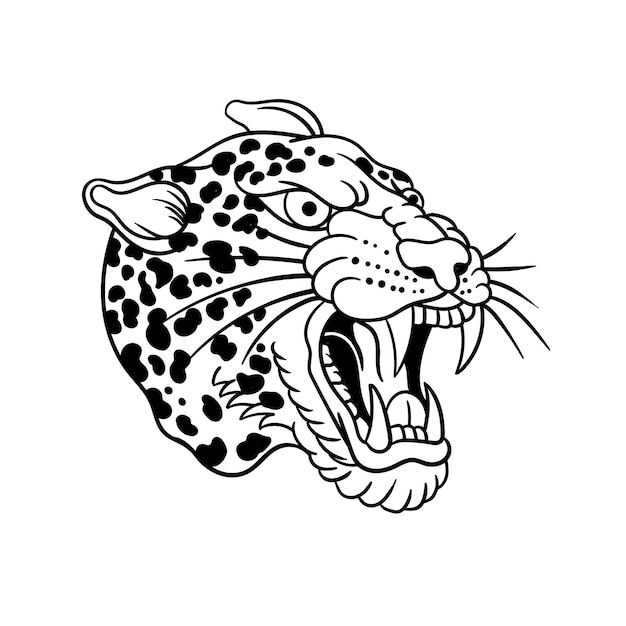 Hand drawn illustration of a leopard head traditional tattoo outline design