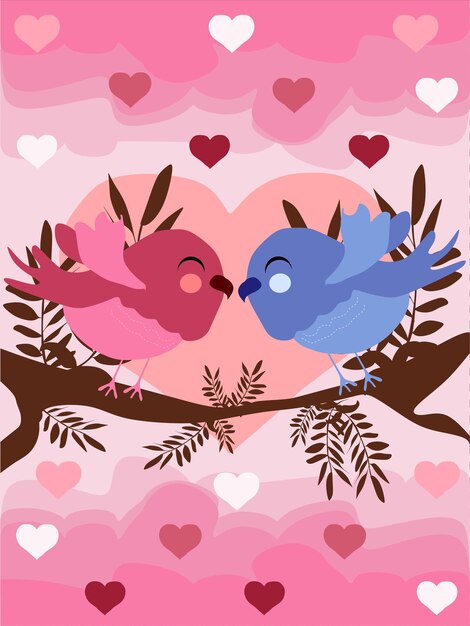 Hand Drawn Illustration of Love Birds in A Branch