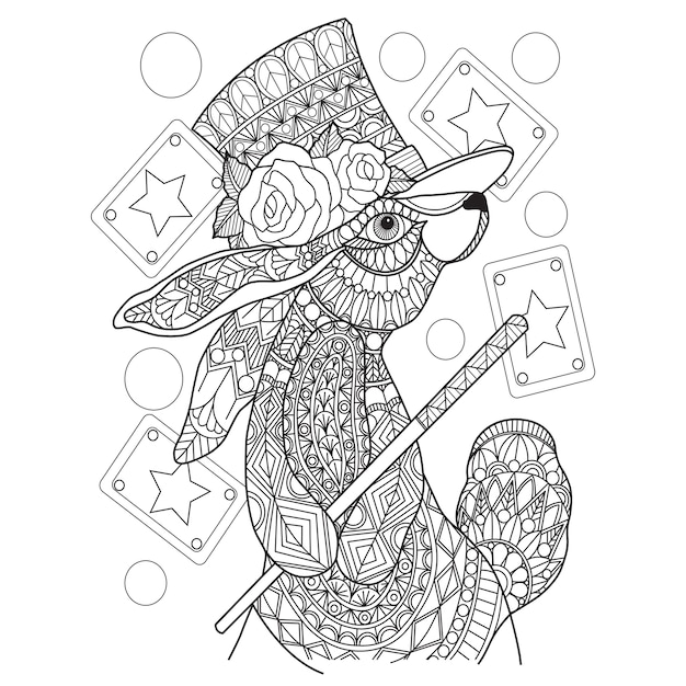 Hand drawn illustration of magic rabbit in zentangle style