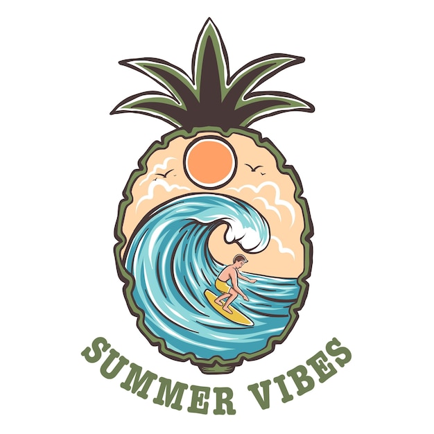 ベクトル夏のビーチのロゴのテンプレートをサーフィンする男の手描きイラスト