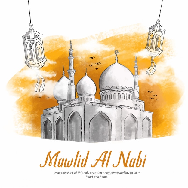 Vettore illustrazione disegnata a mano della celebrazione di mawlid al nabi.