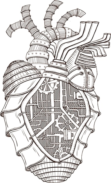 Hand drawn illustration of mechanical heart