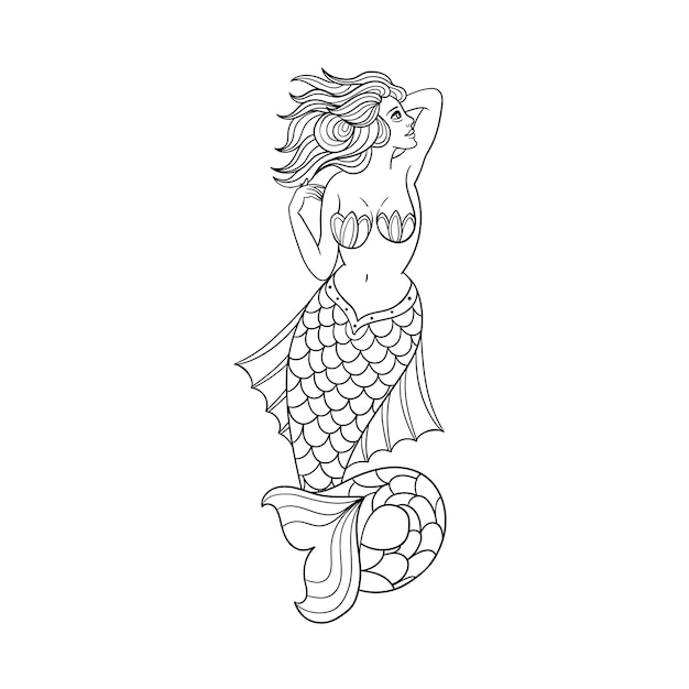 Vector hand drawn illustration of mermaid traditional tattoo outline