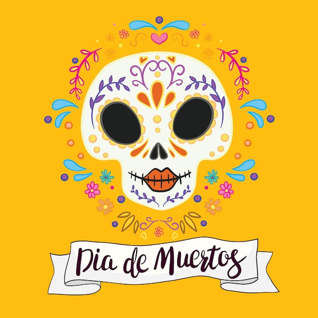 멕시코 휴가 "죽은 자의 날"의 그려진 된 그림을 손. 전통적인 설탕 두개골, 금잔화 꽃과 촛불, 그리고 글자 "Dia de Muertos"가있는 엽서