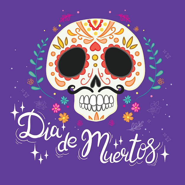   hand drawn illustration of Mexican holiday "Day of the Dead". The postcard with traditional sugar skulls, marigold flowers and candles, and lettering "Dia de Muertos"