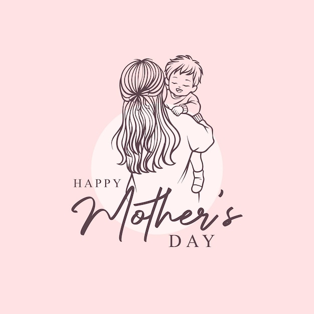 Hand drawn illustration of Mother Hugging Her Child Happy Mothers Day