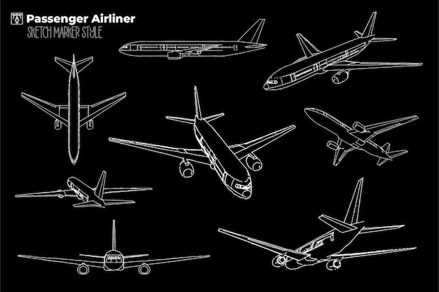 マーカーストロークスタイルの旅客機の手描きイラスト