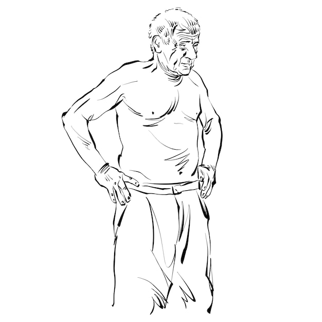 Hand drawn illustration of an old man, black and white drawing.