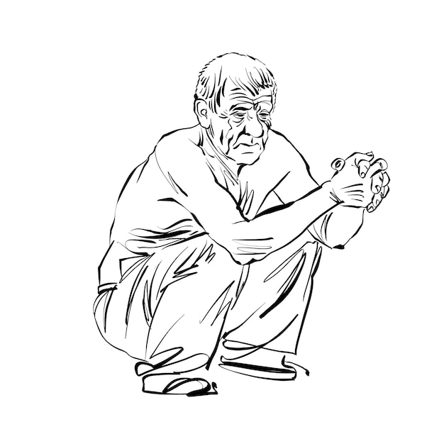 Hand drawn illustration of an old squatting man, black and white drawing.