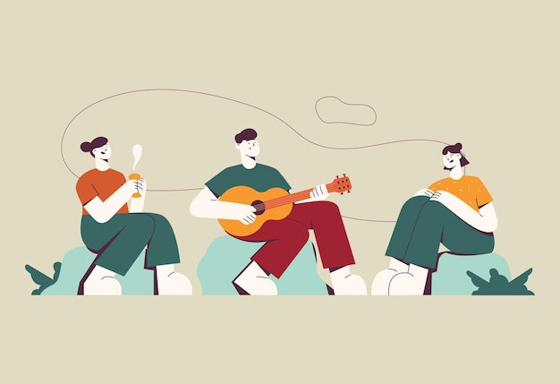 hand drawn illustration of people relaxing and playing guitar in nature