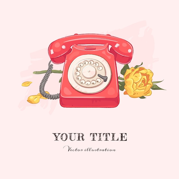 Vector hand drawn illustration of retro telephone and flower