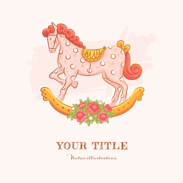 Vector hand drawn illustration of rocking horse and flowers