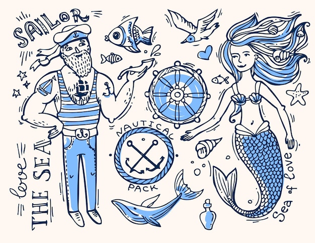 Vector hand drawn illustration sailor and mermaid doodle native drawing