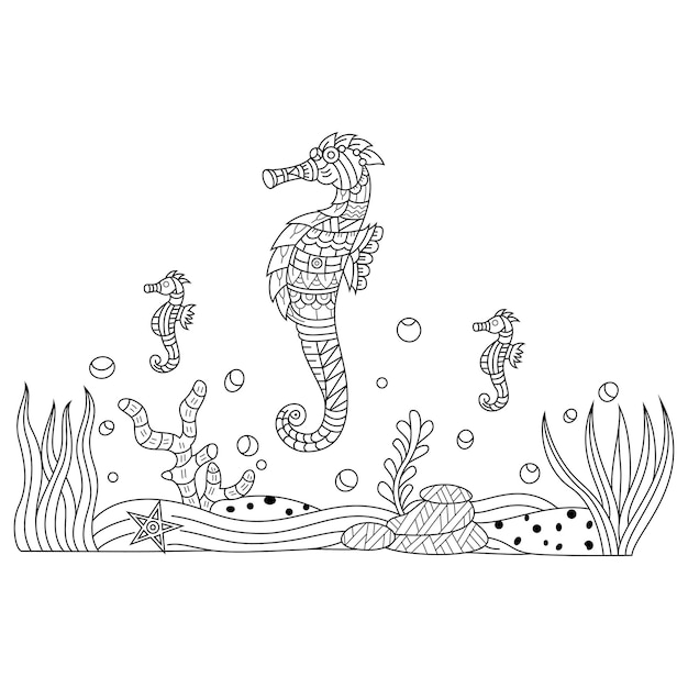 Hand drawn illustration of seahorse in zentangle style