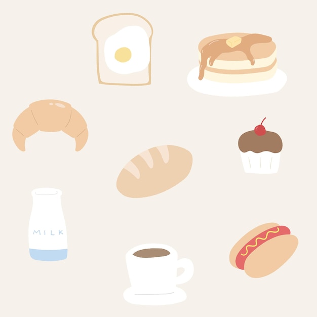 Vettore illustrazione disegnata a mano insieme di elementi per la colazione