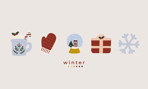 Vector hand drawn illustration set of cute winter decorative elements warm cocoa glove snow globe