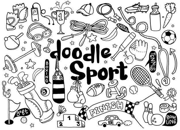 Vector hand drawn illustration set of fitness and sport sign and symbol doodles elements.