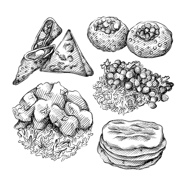 インド料理の手描きイラストセット。