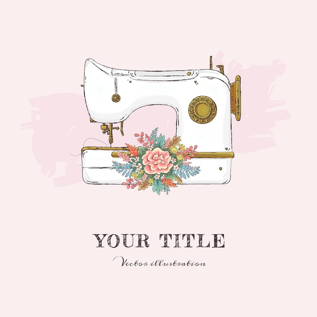 Hand drawn illustration of sewing machine and flowers