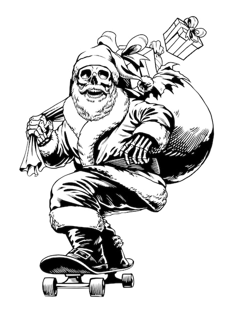 Hand Drawn Illustration of Skull Santa Ride Skateboard Vintage