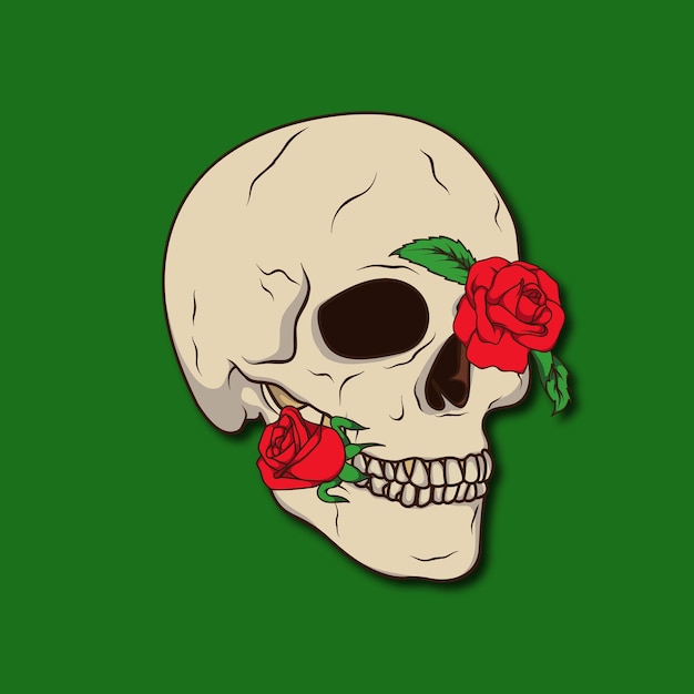 Hand drawn illustration of skull with a rose