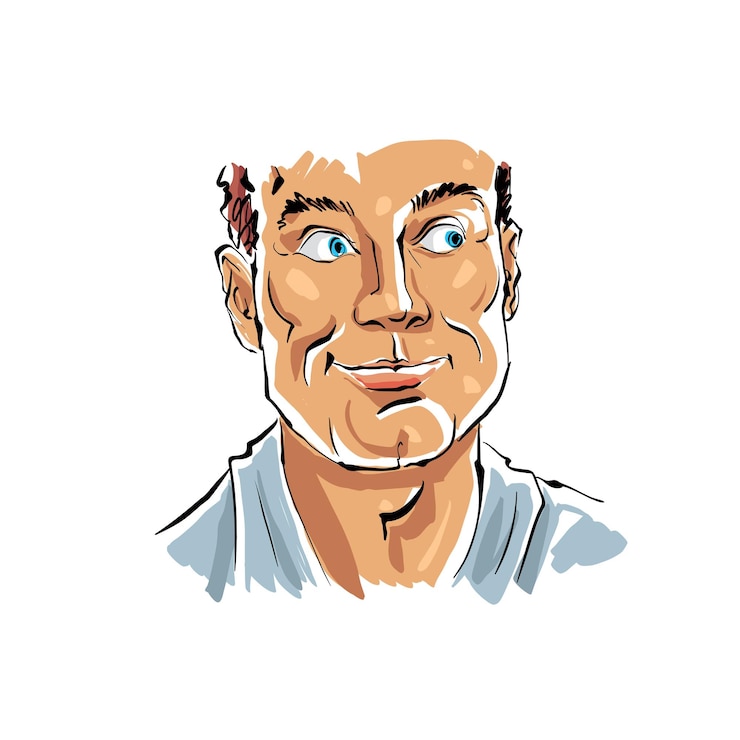 Vector hand drawn illustration of a smiling red-haired man on white background.