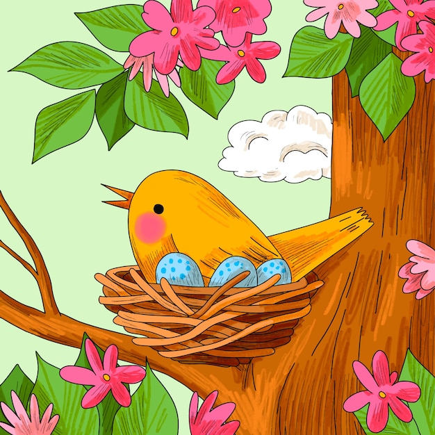 春の季節の祝賀のための手描きのイラスト