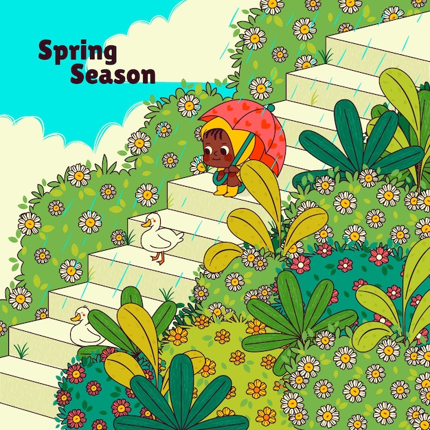 春の季節の祝賀のための手描きのイラスト