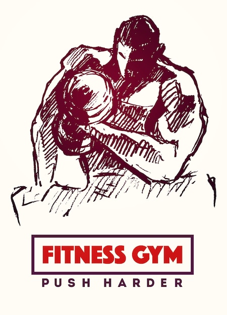 Hand drawn illustration of strong man with dumbbell for logo or poster