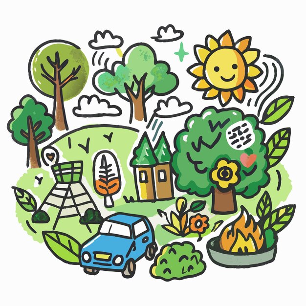 Vector hand drawn illustration of a sunny day in the countryside with trees houses a car and a fire