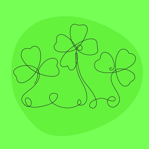 Vector hand-drawn illustration of a three-leaf and four-leaf clover in liner-art style, one continuous line. on a green background for the st. patrick's day holiday. vector graphics