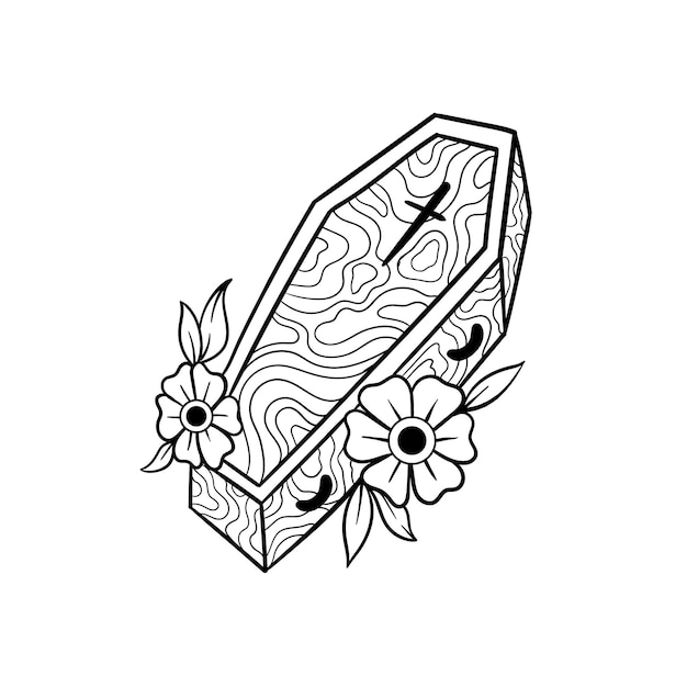 Hand drawn illustration of traditional coffin tattoo outline