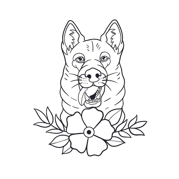 Hand drawn illustration of traditional tattoo pet dog outline