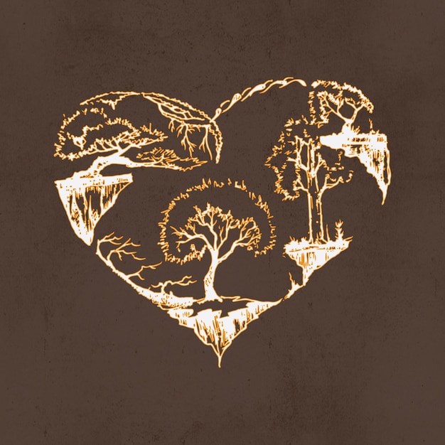 Hand drawn illustration of trees and plants arranged in the shape of love